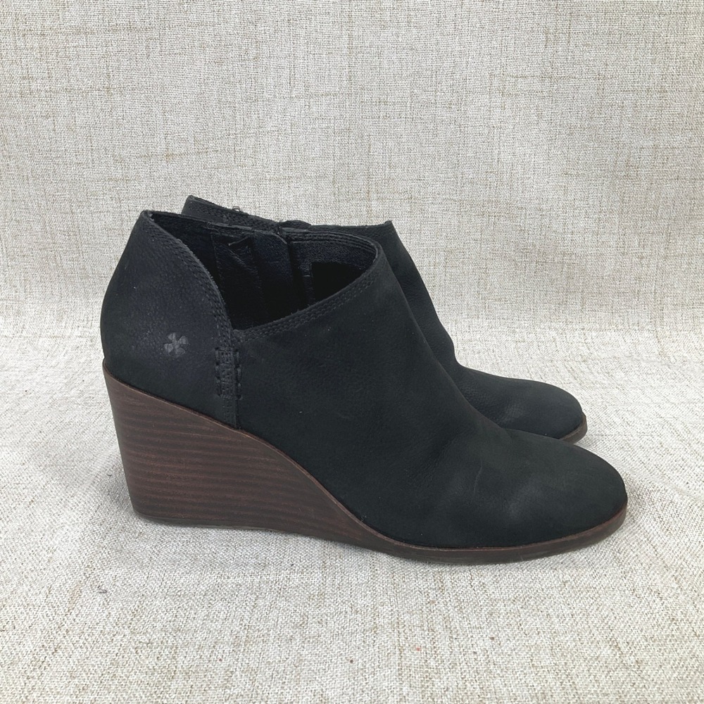 Lucky Brand Zemlin Wedge Booties Womens 7M Black Leather Ankle Boots Boho